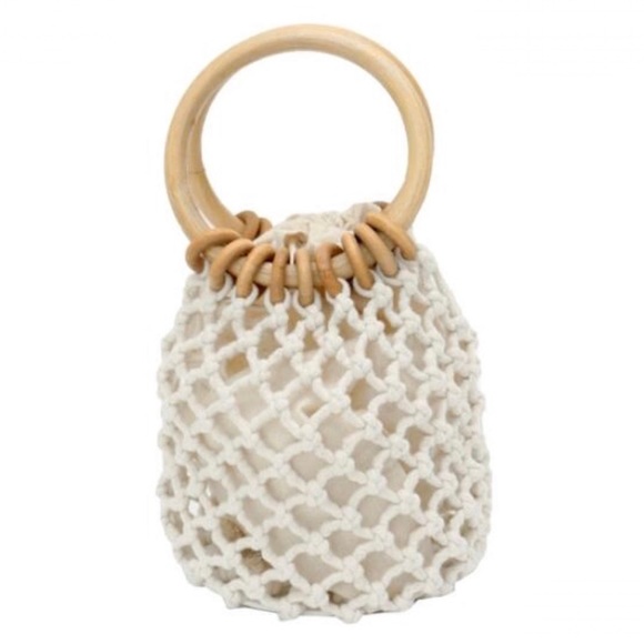 Wooden Ring Net Bag Lined Woven Beach Bag - Picture 5 of 12